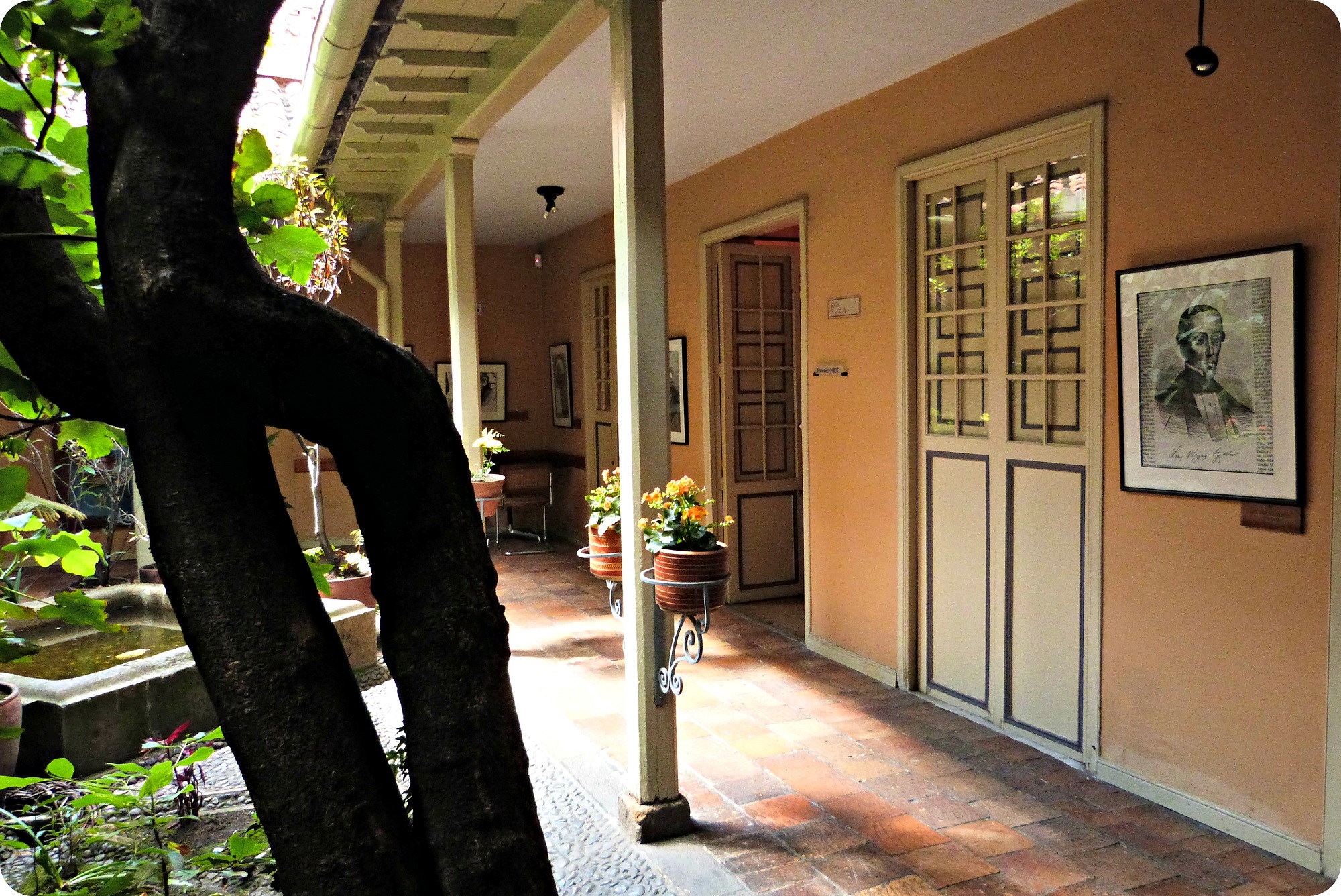 2do Patio con un árbol y las puertas de la Casa de poesía Silva de Bogotá