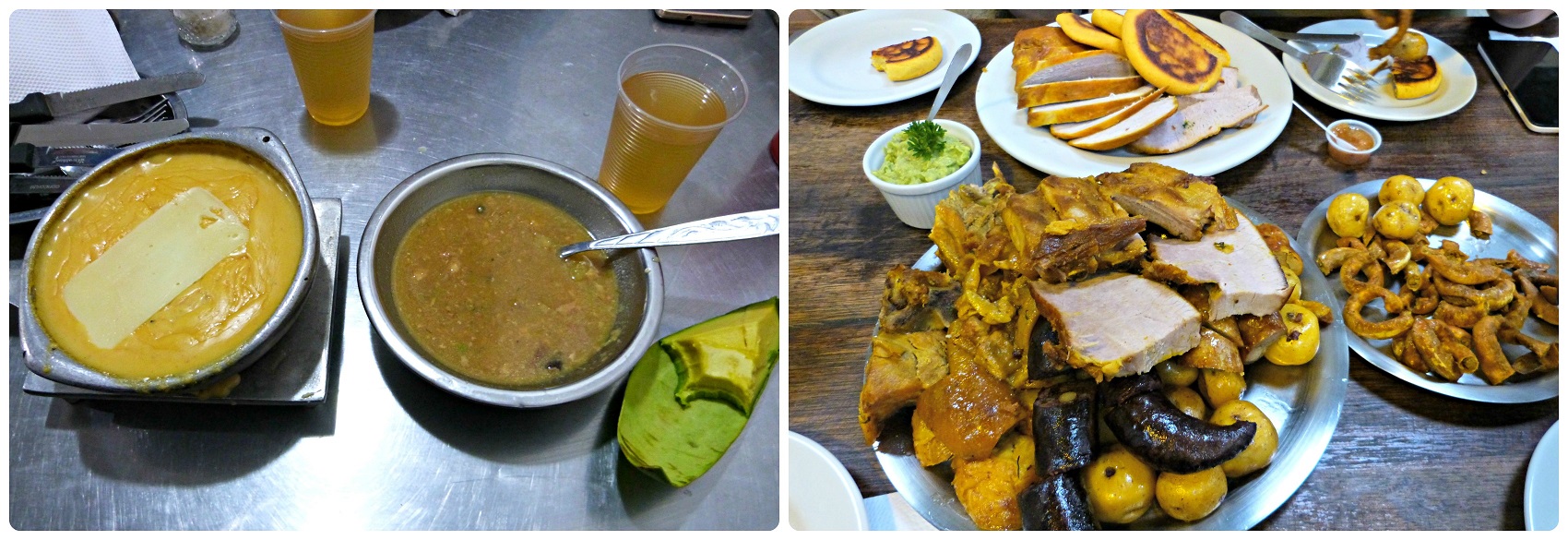 Plats que nous avons commandés dans un restaurant de fruits de mer de Bogotá et un restaurant de picada