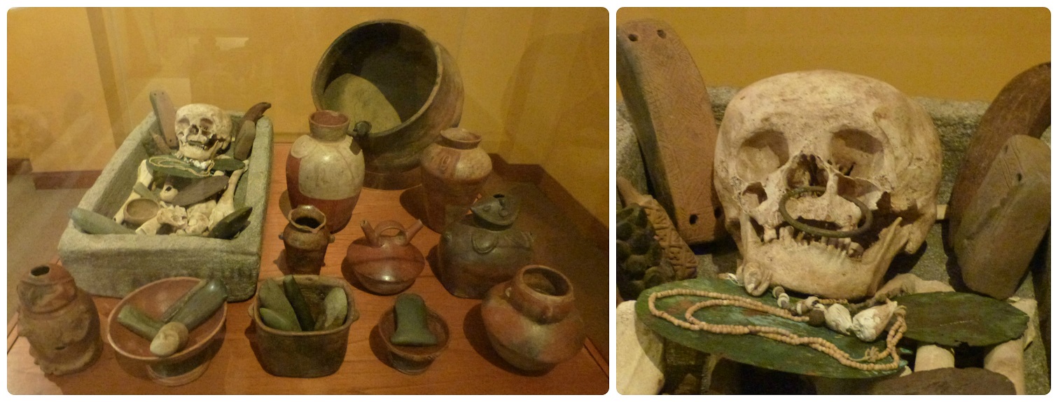 Vasijas y esqueleto presentados en una vitrina del Museo Arqueológico de Manizales