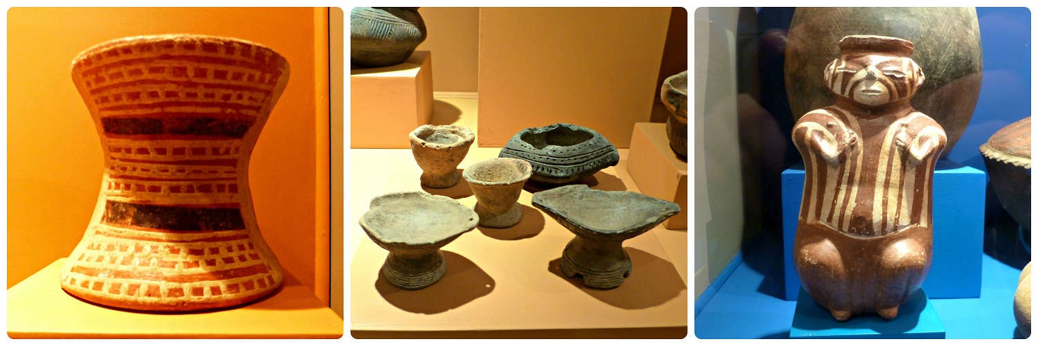 3 fotos presentando vasijas funerarias en el Museo Arqueológico de Manizales