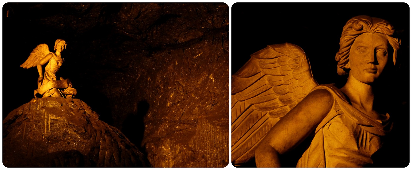 Un ángel puesto sobre una enorme roca de la catedral de sal de Zipaquira