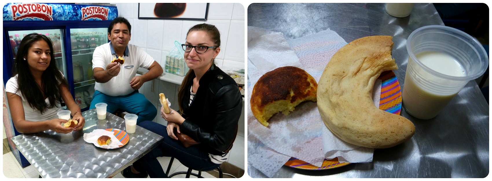 Nous 3 à table avec notre petit goûter au marché de Bogotá