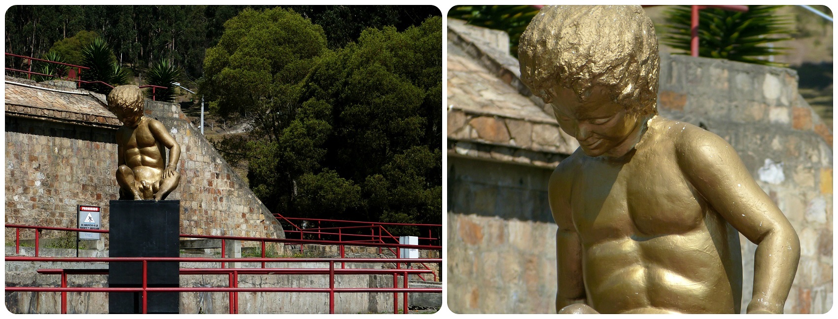 Escultura en bronce de un niño sentado cerca de la catedral de sal de Zipaquira
