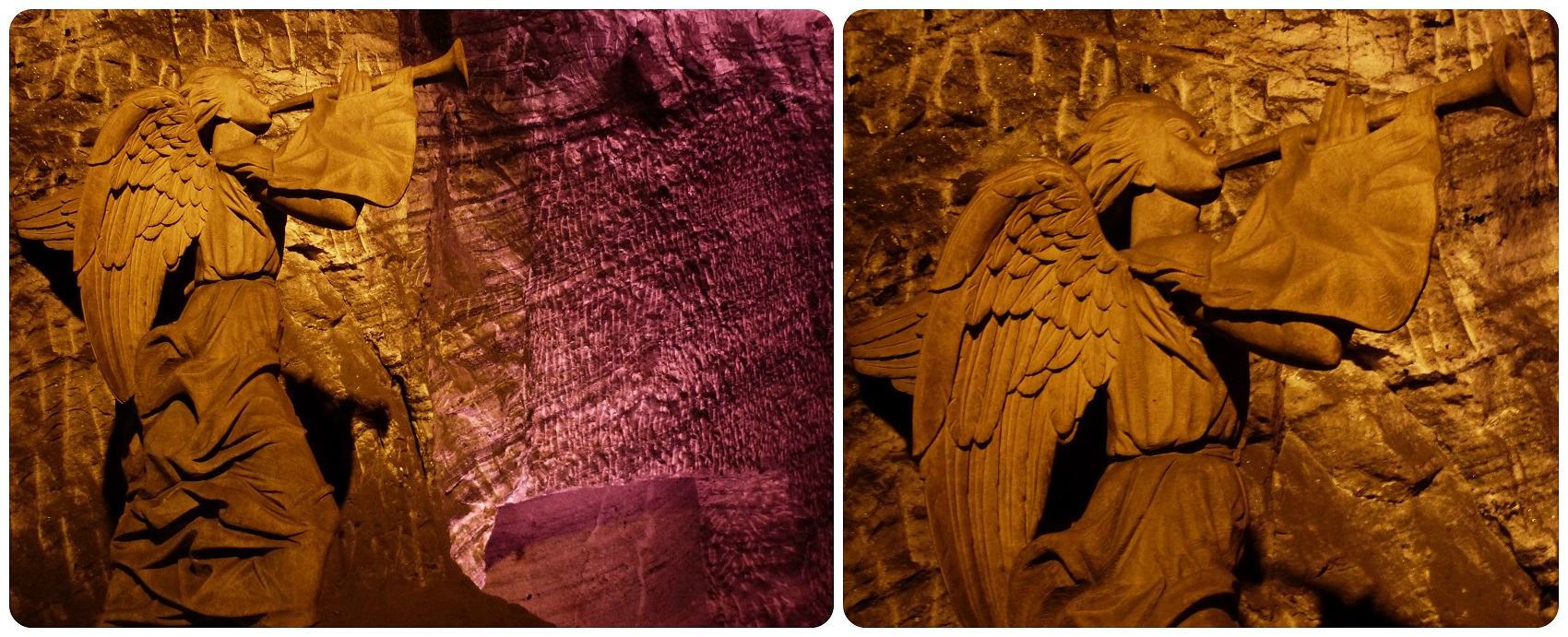 La escultura del ángel delante de las luces moradas de la catedral de sal de Zipaquira