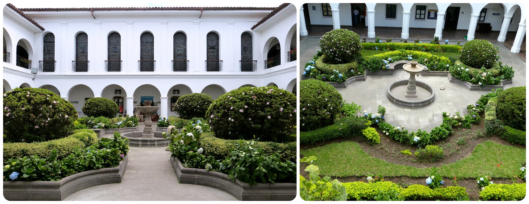 patio fleuri entouré du bâtiment blanc de la mairie de Popayán