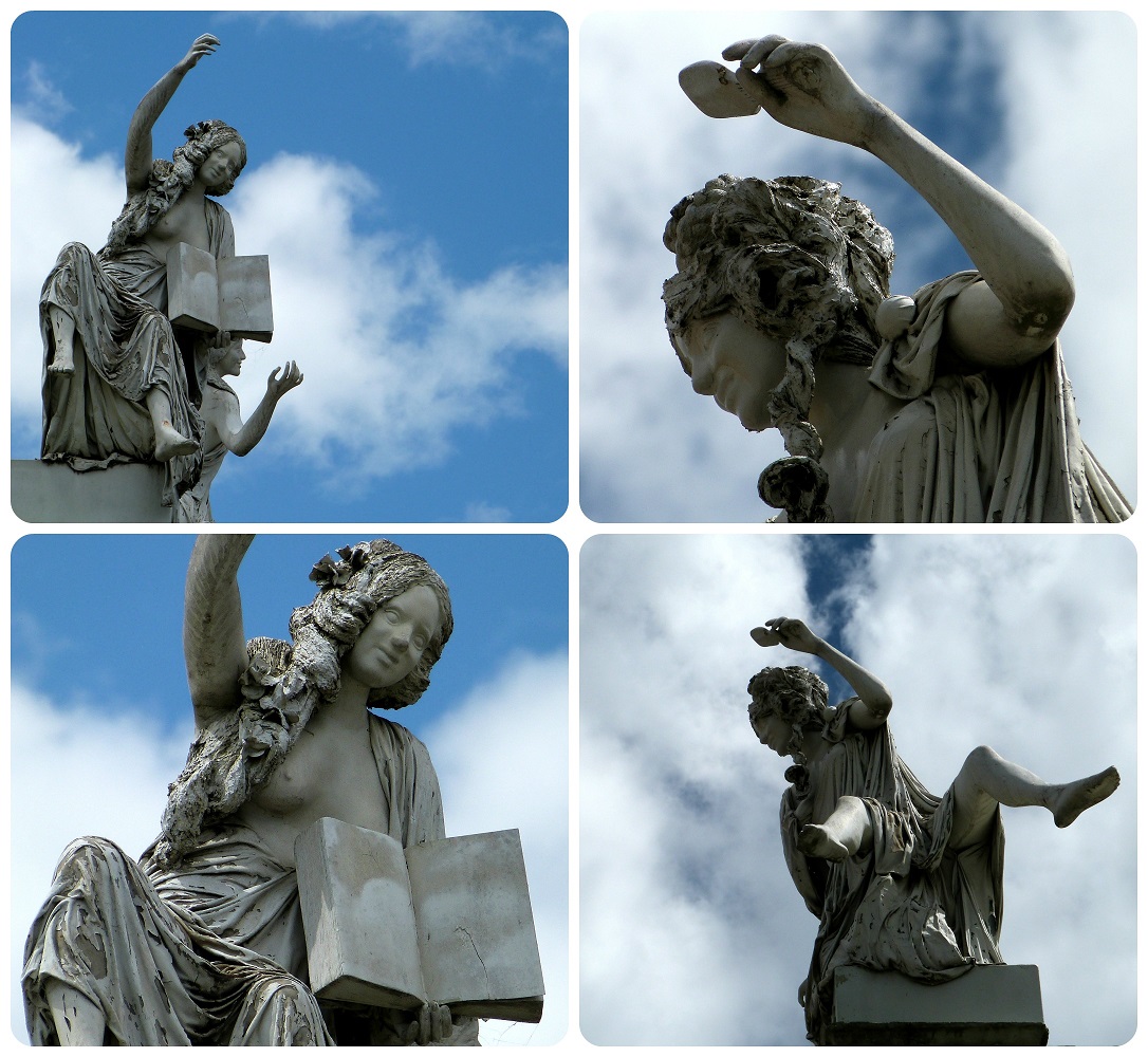 zoom sur 4 statues en haut du théâtre Guillermo Valencia de Popayán