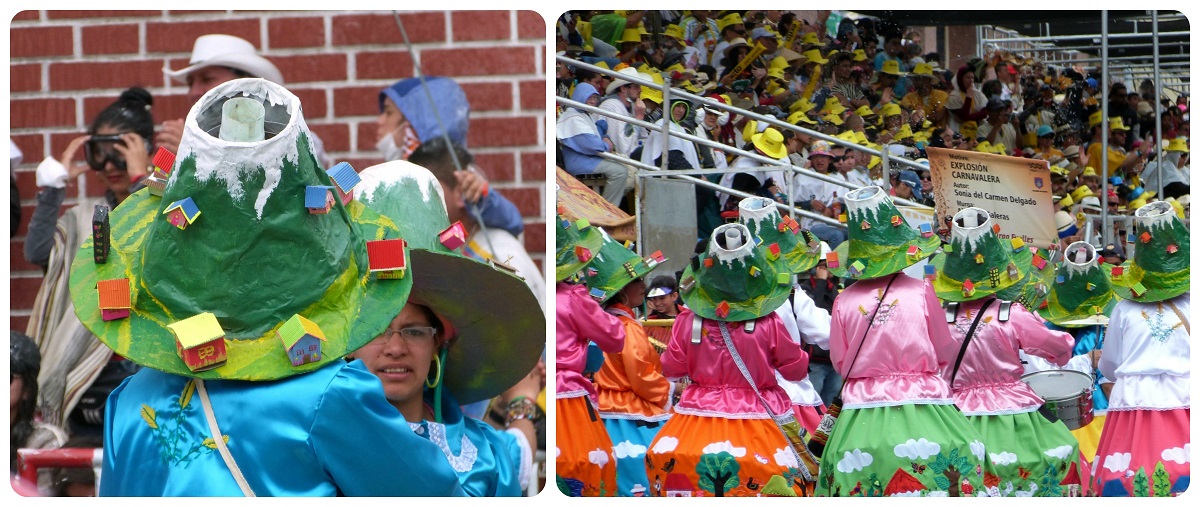 Grupo de mujeres con una representación del volcán en la cabeza en el carnaval de Pasto