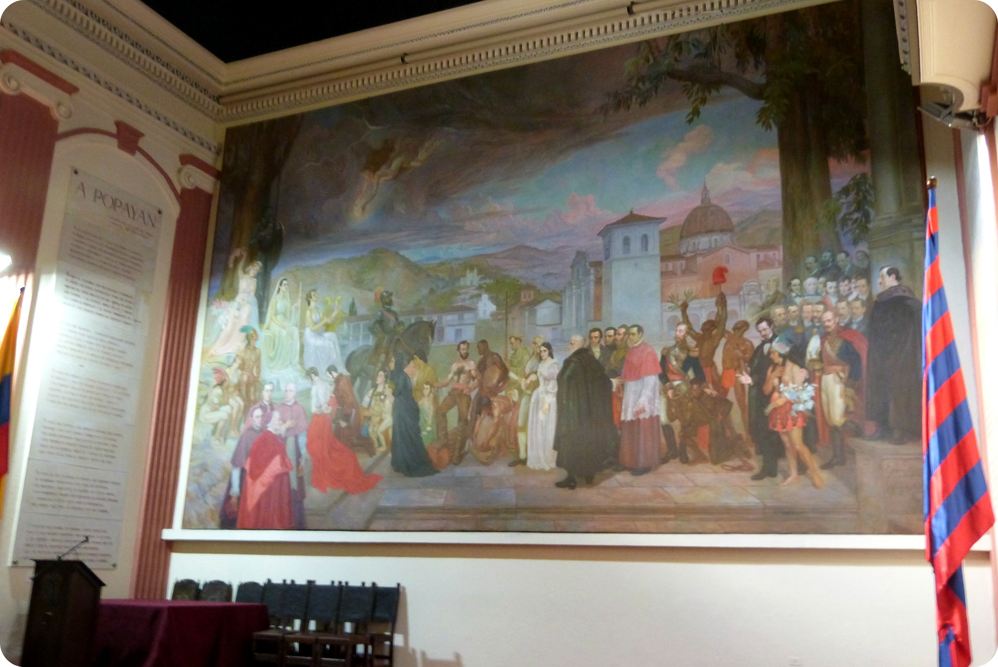Tableau de l'Apoteosis de Popayán d'Efraim Martinez dans la salle de réception des diplômes de l'Université du Cauca