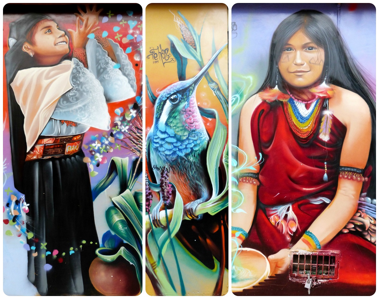 Filles équatoriennes et colibri peints sur des murs à la sortie du Mercado artesanal de la Mariscal de Quito